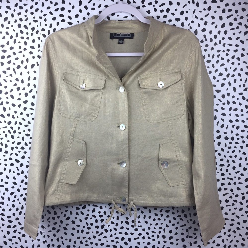 Linear Gold Metallic Linen Blend Cropped Jacket M